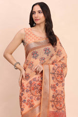 Orange Linen Cotton Saree Featuring Floral Prints & Woven Border