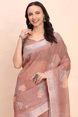 Brown Linen Cotton Saree Featuring Floral Prints & Woven Border