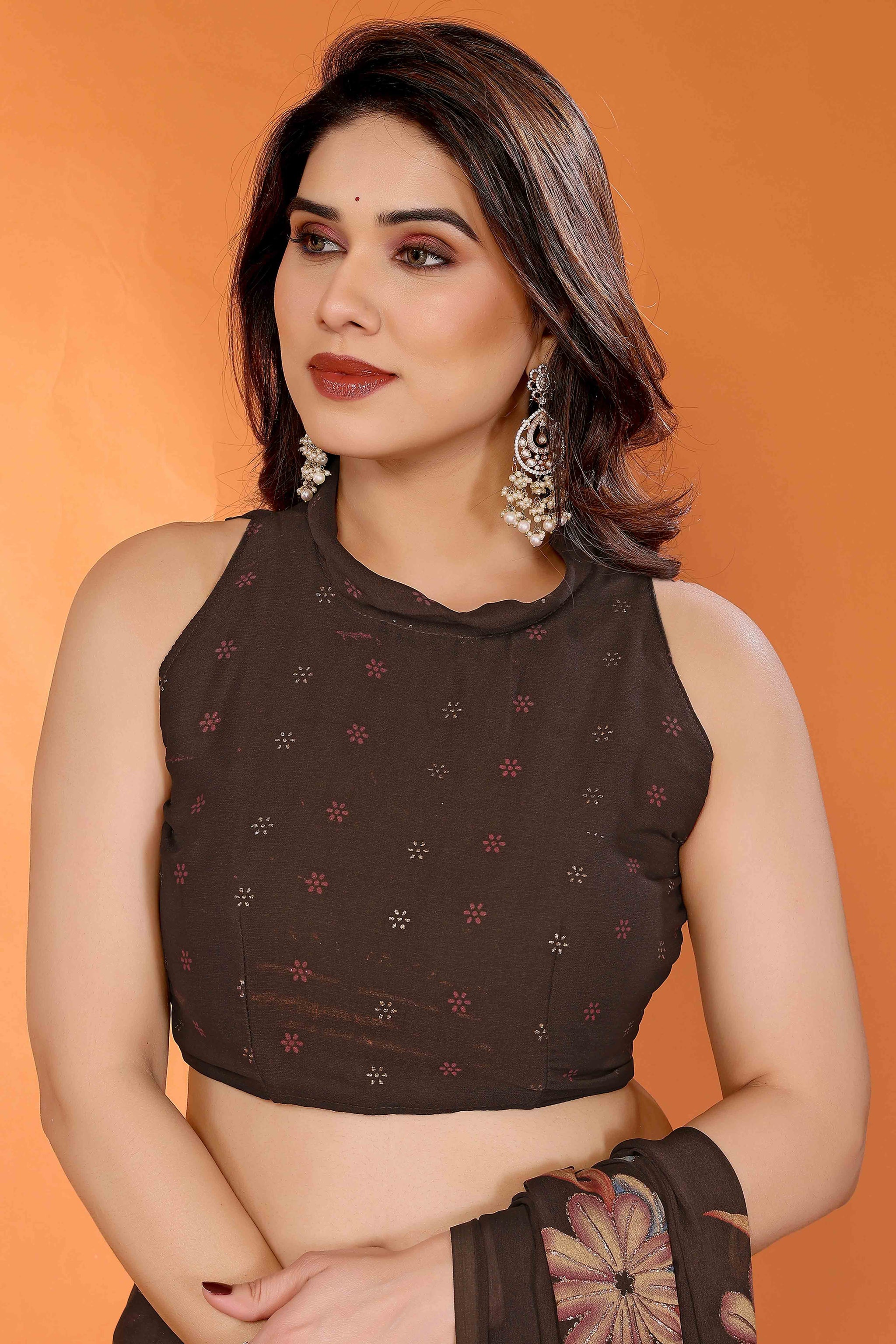 Brown Printed Saree with Zari Woven Charm in Satin Fabric