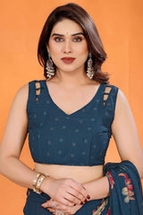 Teal Printed Saree with Zari Woven Charm in Satin Fabric