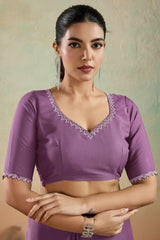 Orchid Purple Solid Matt Georgette Saree With Ceramic Embellished Lace Border