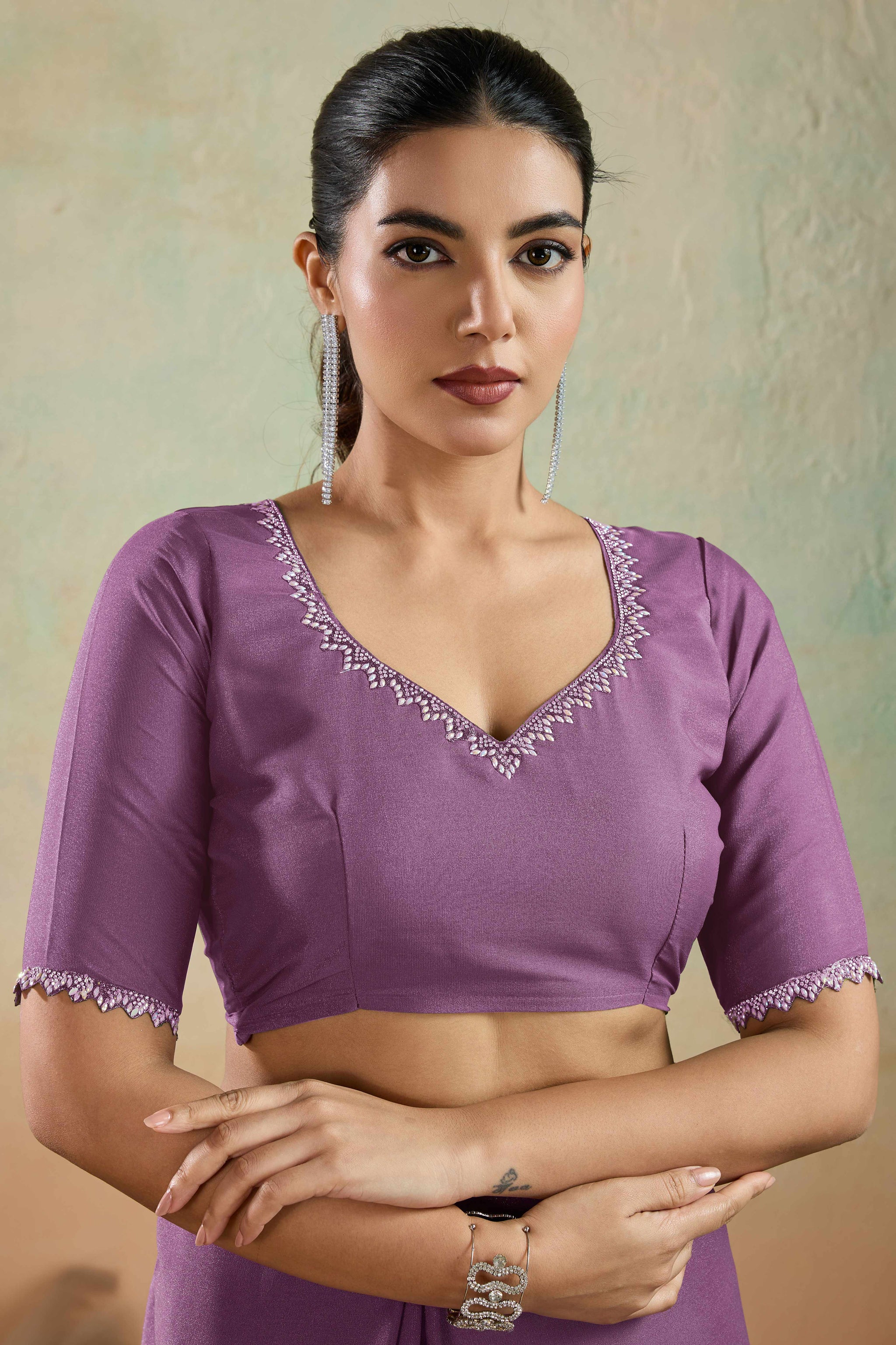 Orchid Purple Solid Matt Georgette Saree With Ceramic Embellished Lace Border