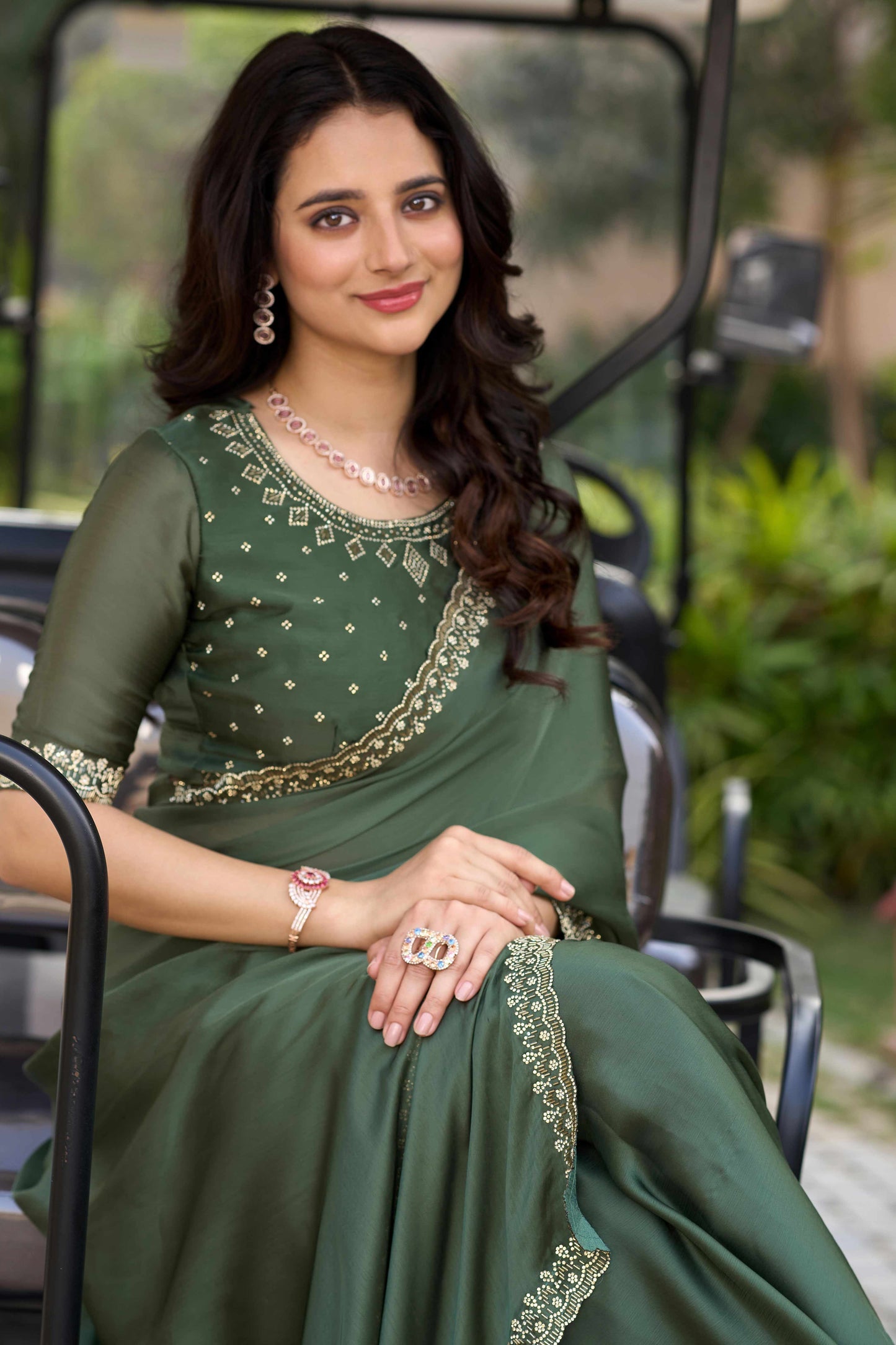 Green Solid Satin Chiffon Saree With Cutdana & Zarkan Handwork
