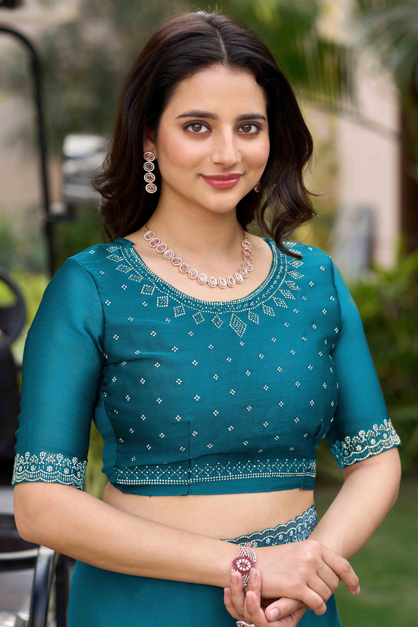 Rama Blue Solid Satin Chiffon Saree With Cutdana & Zarkan Handwork