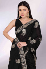 Black Saree Featuring Intricate Floral Embroidery With Sequins On Chinon Silk