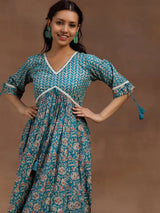 Libas Green Printed Cotton Fit and Flare Dress