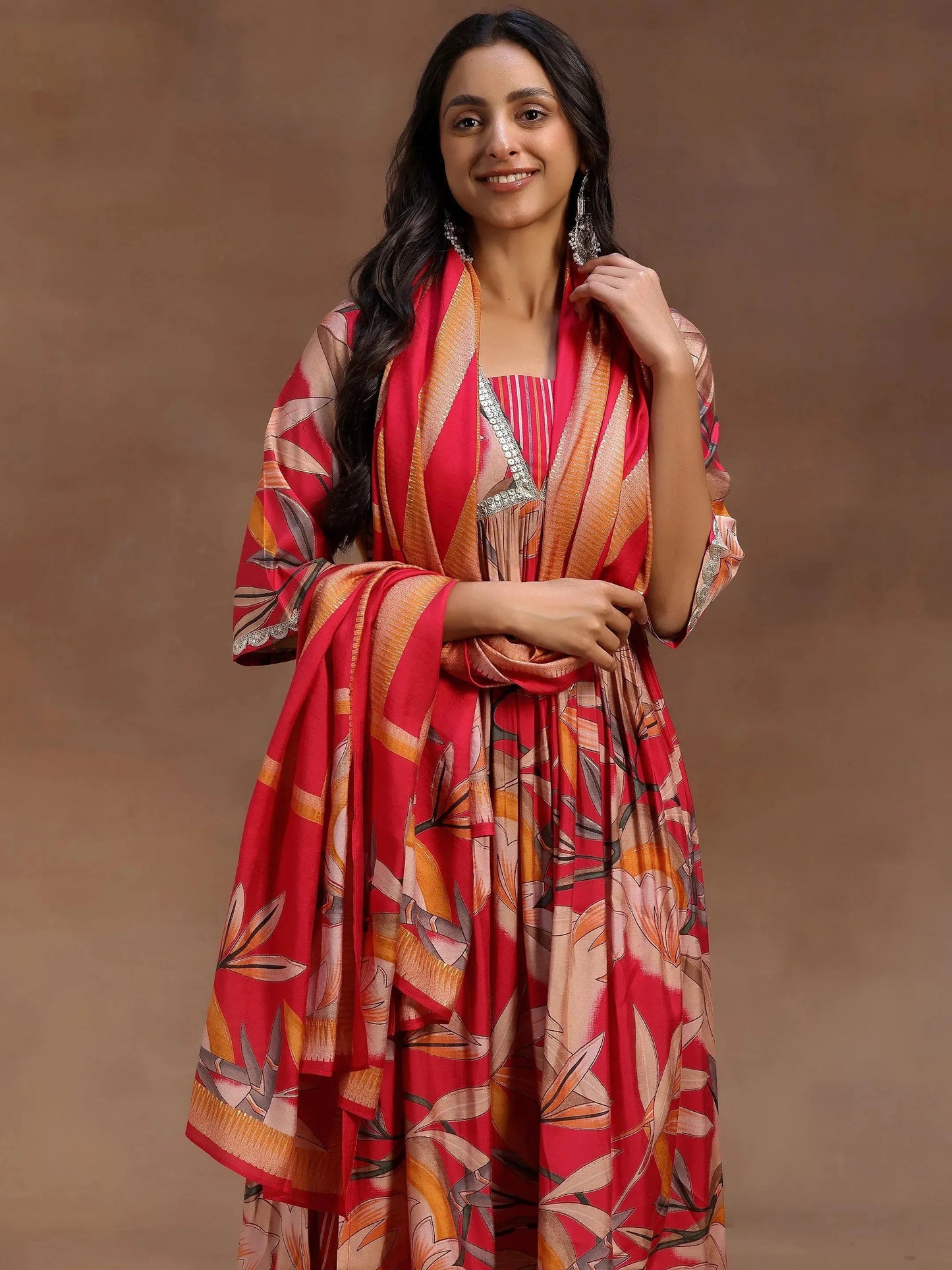 Gerua Pink Printed Silk Blend A-Line Kurta With Salwar & Dupatta