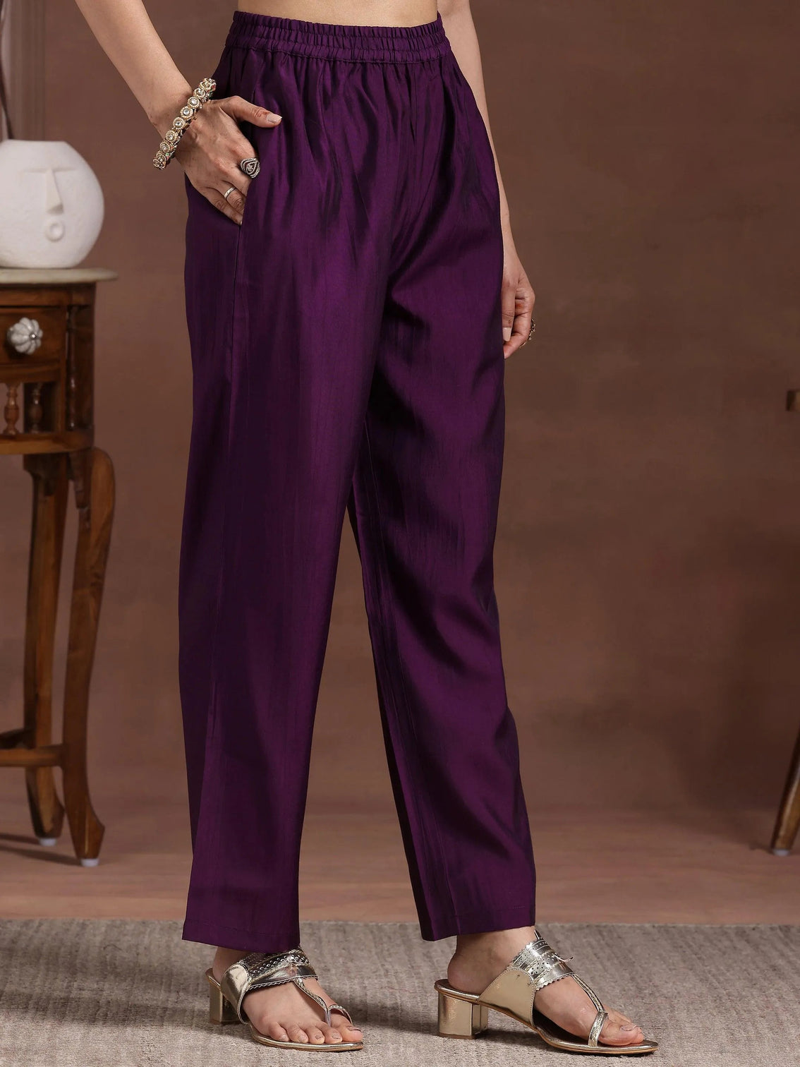 Mameraa Wine Yoke Design Silk Blend Straight Suit With Dupatta