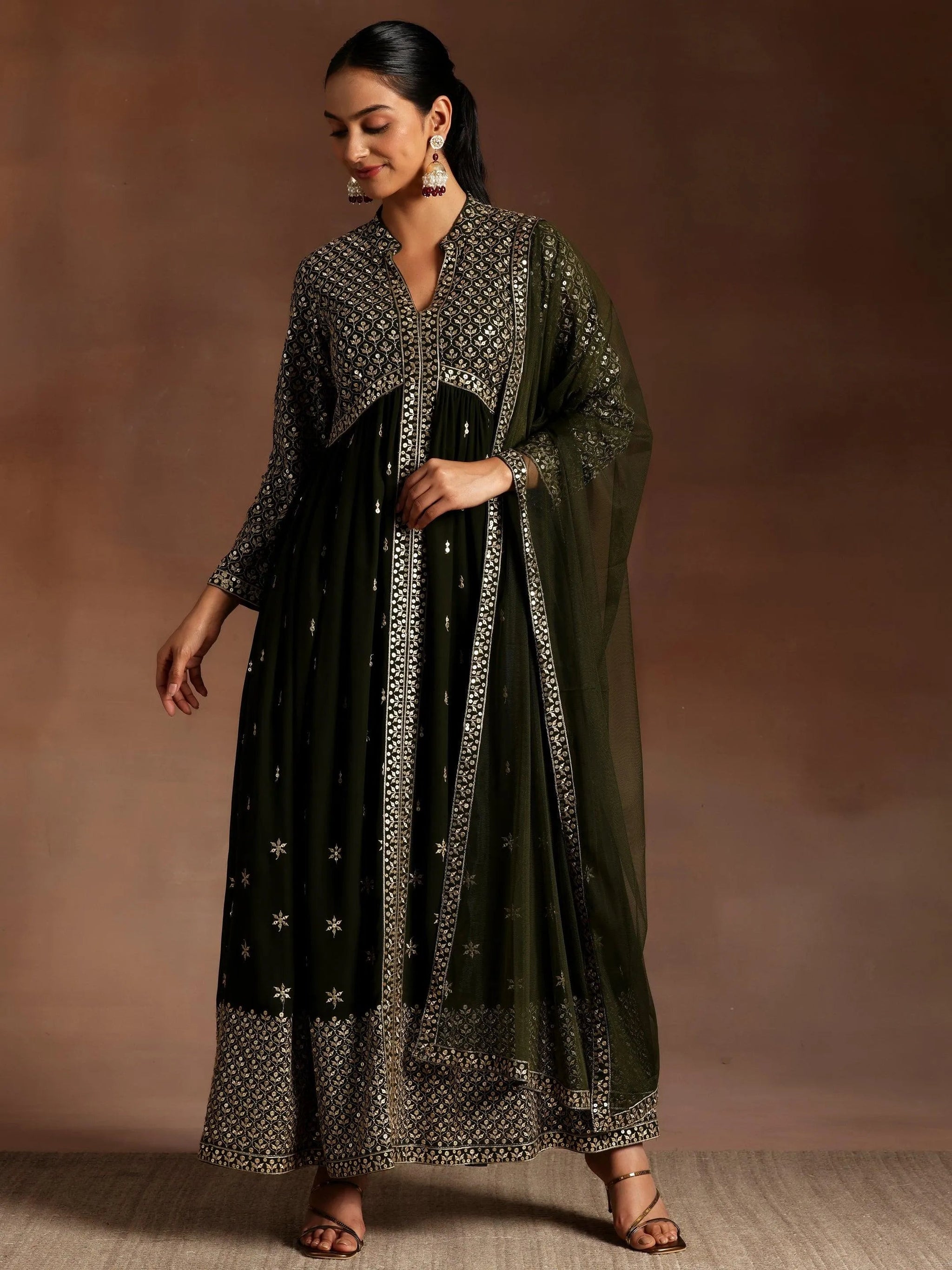 Libas Chandni Olive Embroidered Georgette A-Line Kurta With Trousers & Dupatta