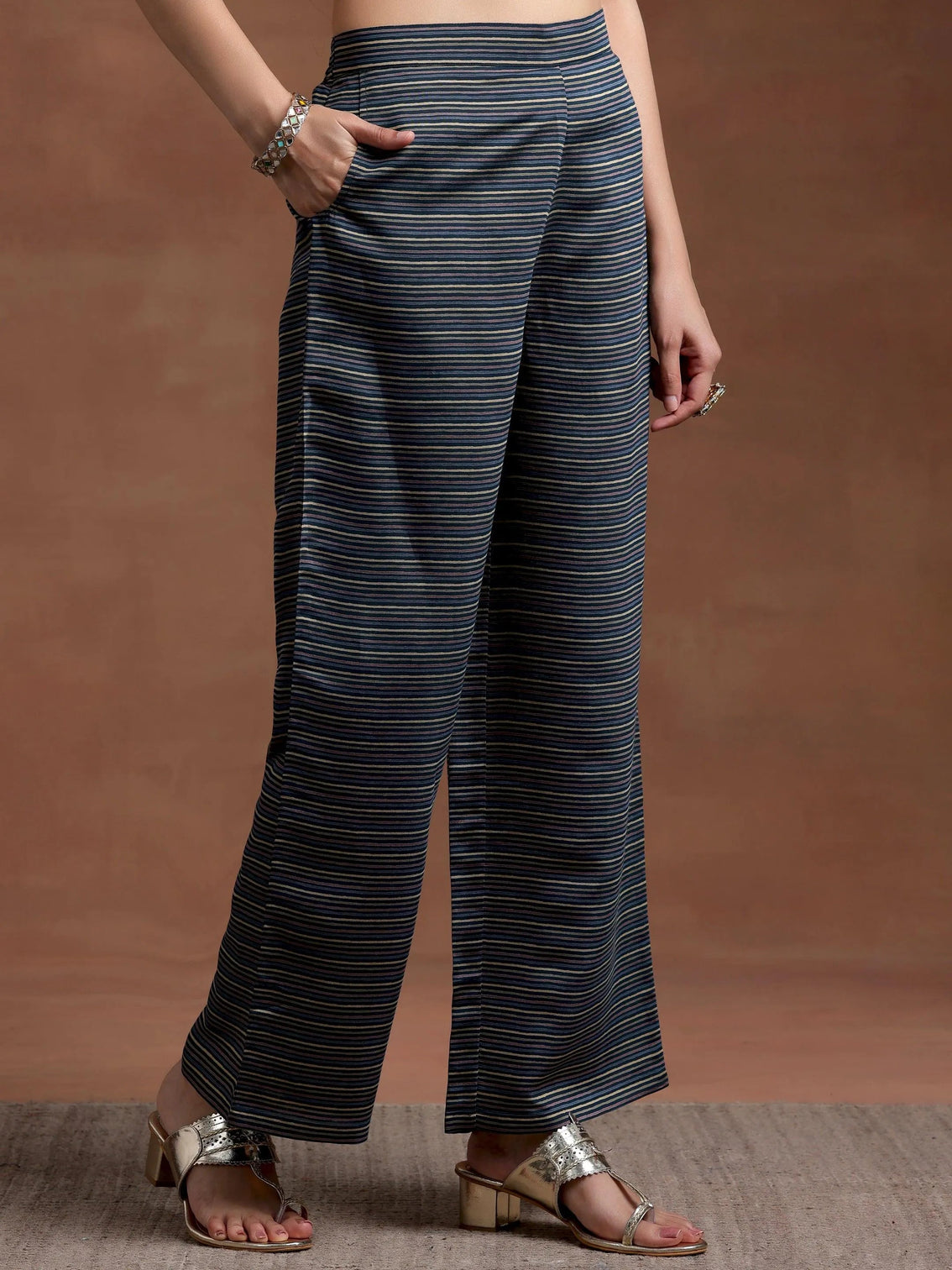 Mameraa Blue Printed Silk Blend A-Line Kurta With Palazzos & Dupatta