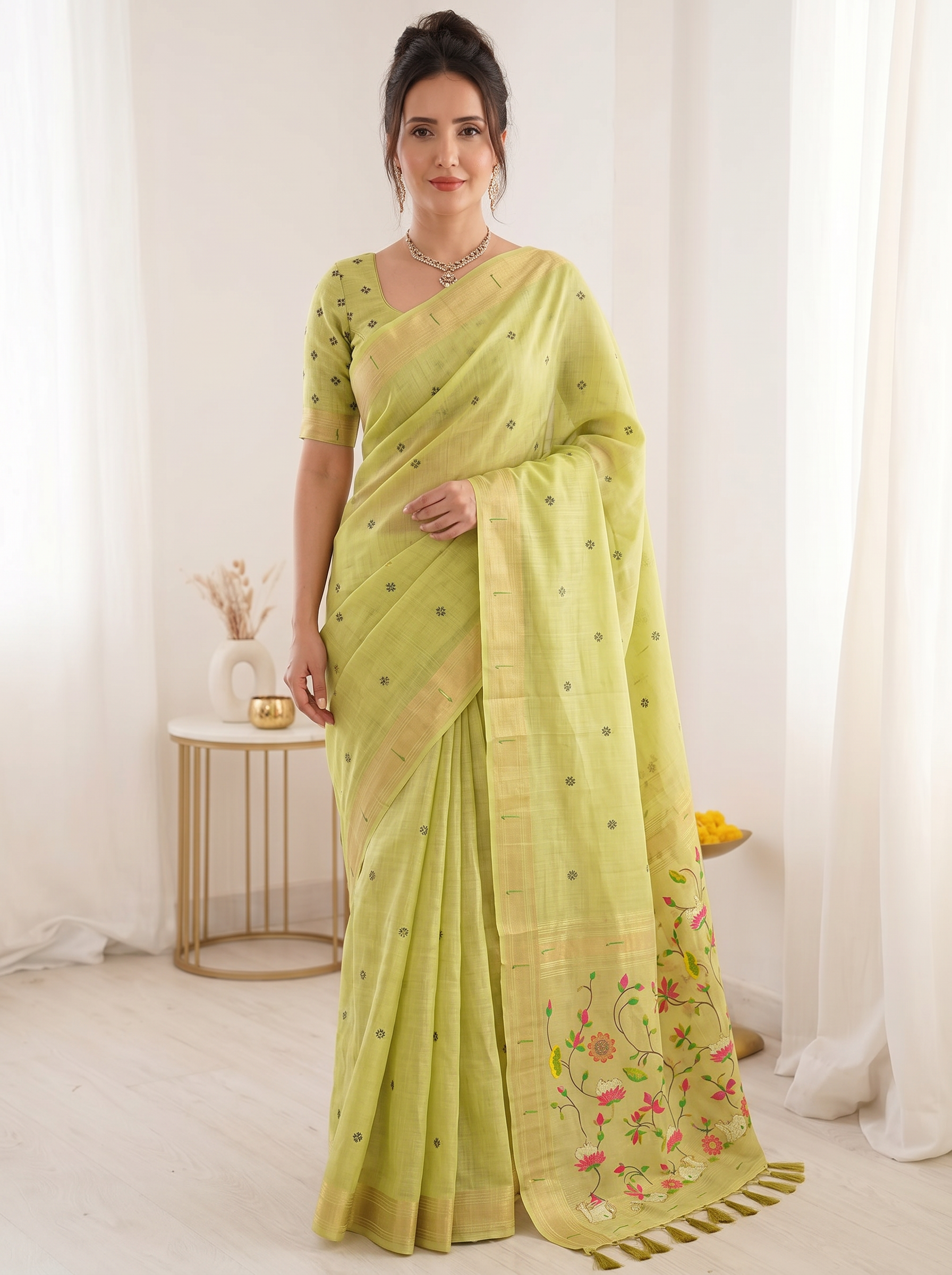 Pista Premium Soft Muga Cotton Saree with Paithani Swan Meenakari Pallu