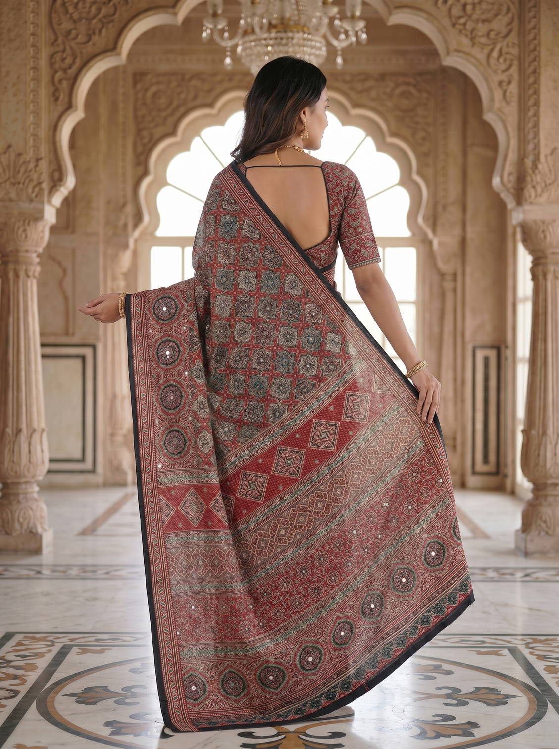 Vintage rose pure modal silk saree with intricate heritage mandala print designer ethnic pallu