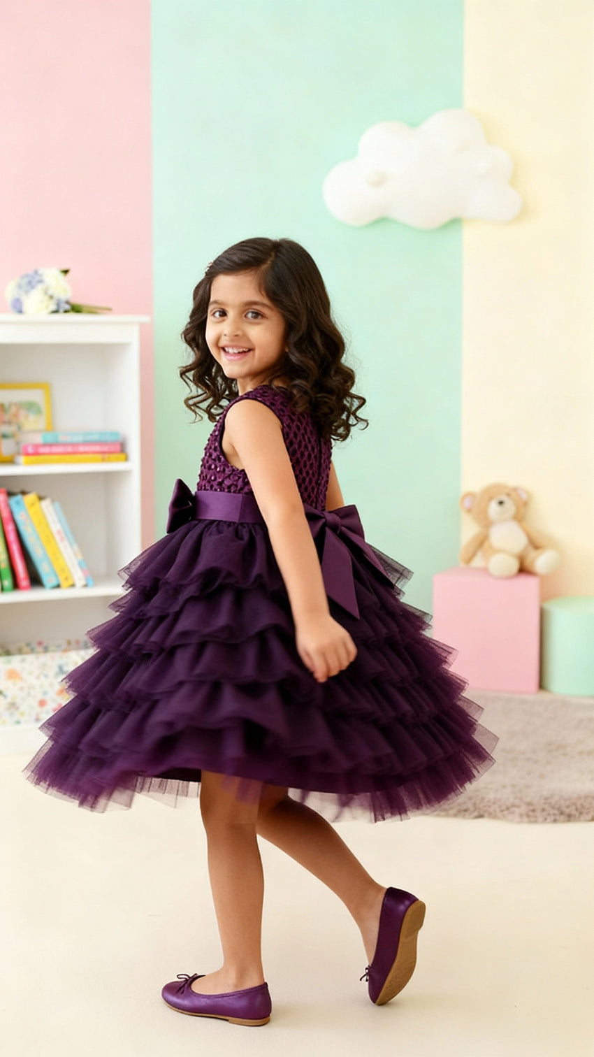 Girls Premium Purple Layered Party Dress with Big Bow & Embellished Bodice