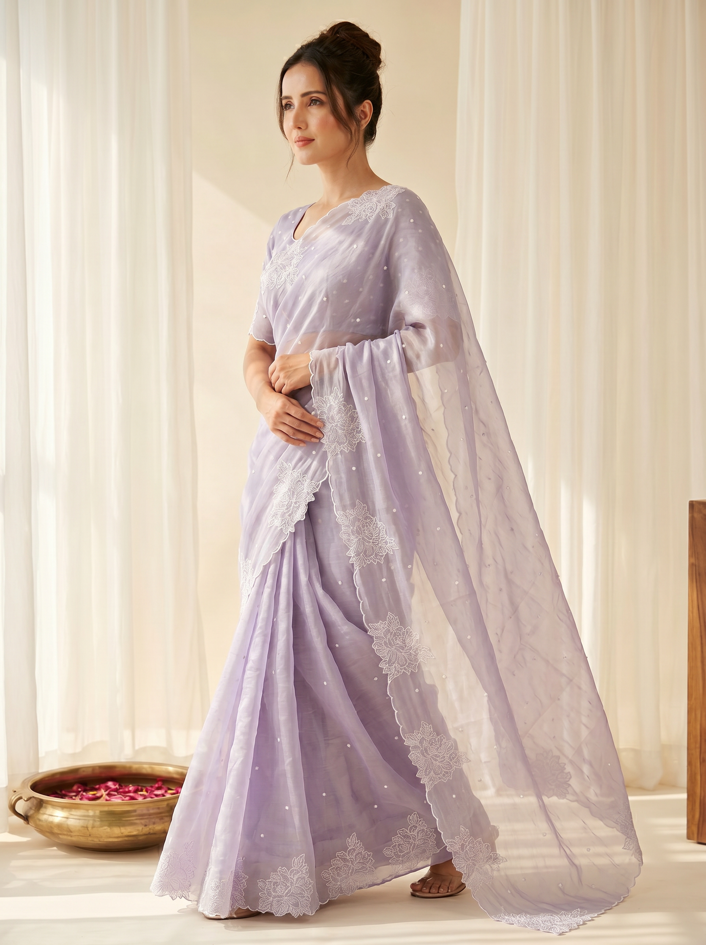 Lavender Pure Raspberry Crush Silk Saree with Lucknowi Embroidery