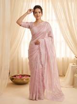 Pink Pure Raspberry Crush Silk Saree with Lucknowi Embroidery