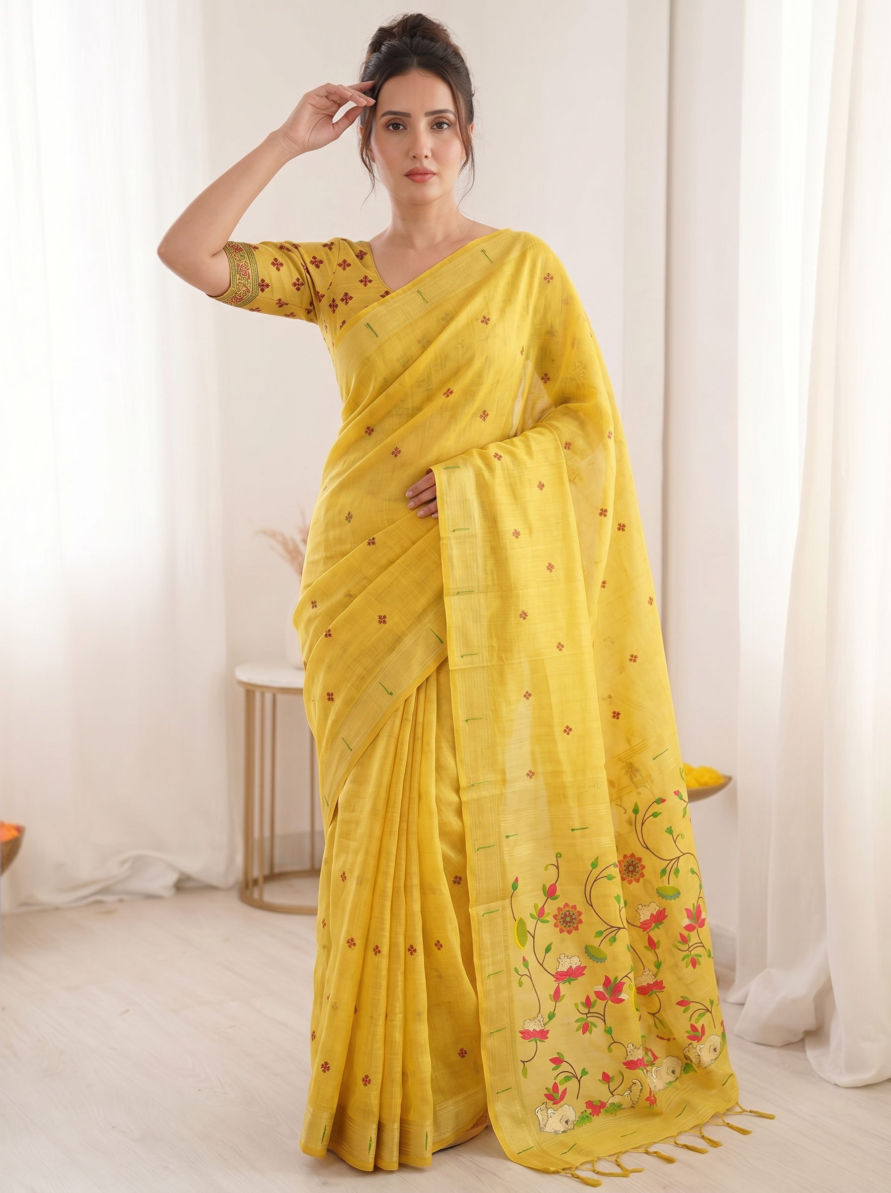 Yellow Premium Soft Muga Cotton Saree with Paithani Swan Meenakari Pallu