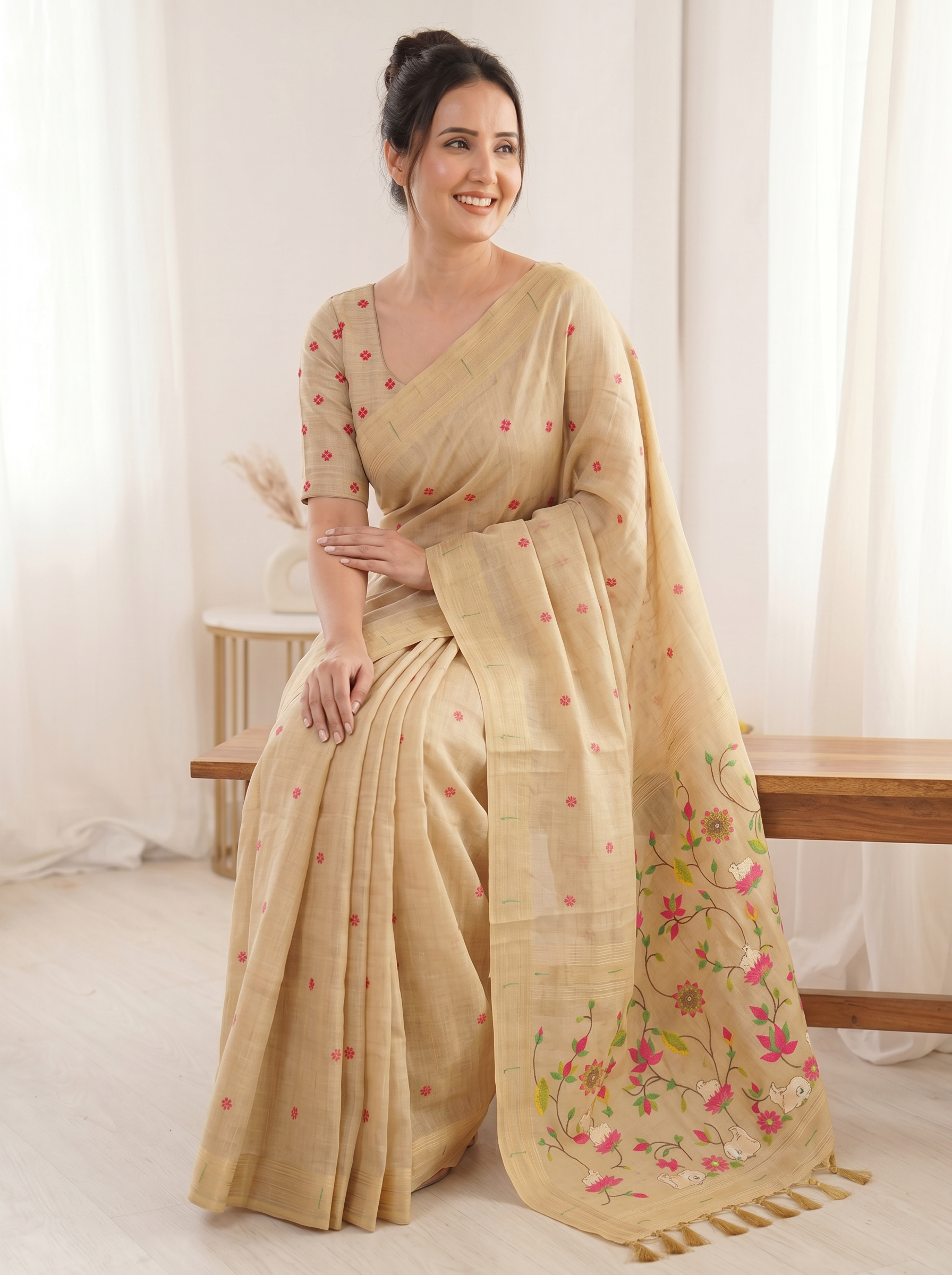 Chickoo Premium Soft Muga Cotton Saree with Paithani Swan Meenakari Pallu