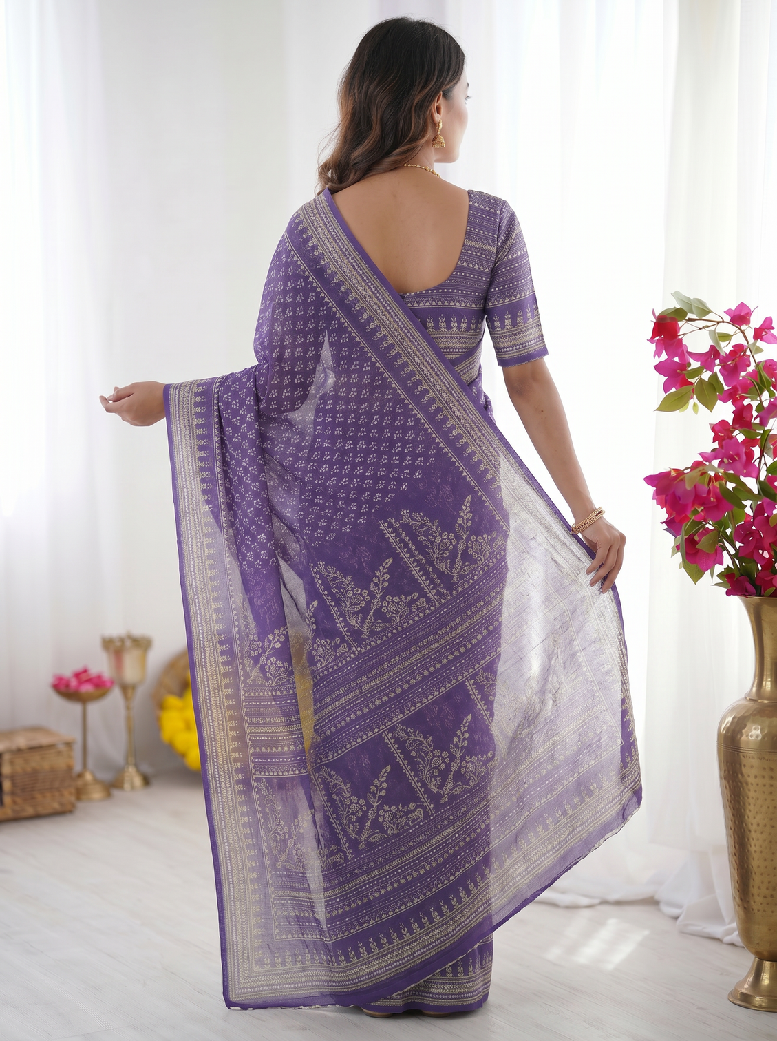 Royal purple modal silk saree with delicate floral butti prints traditional woven border heritage designer pallu
