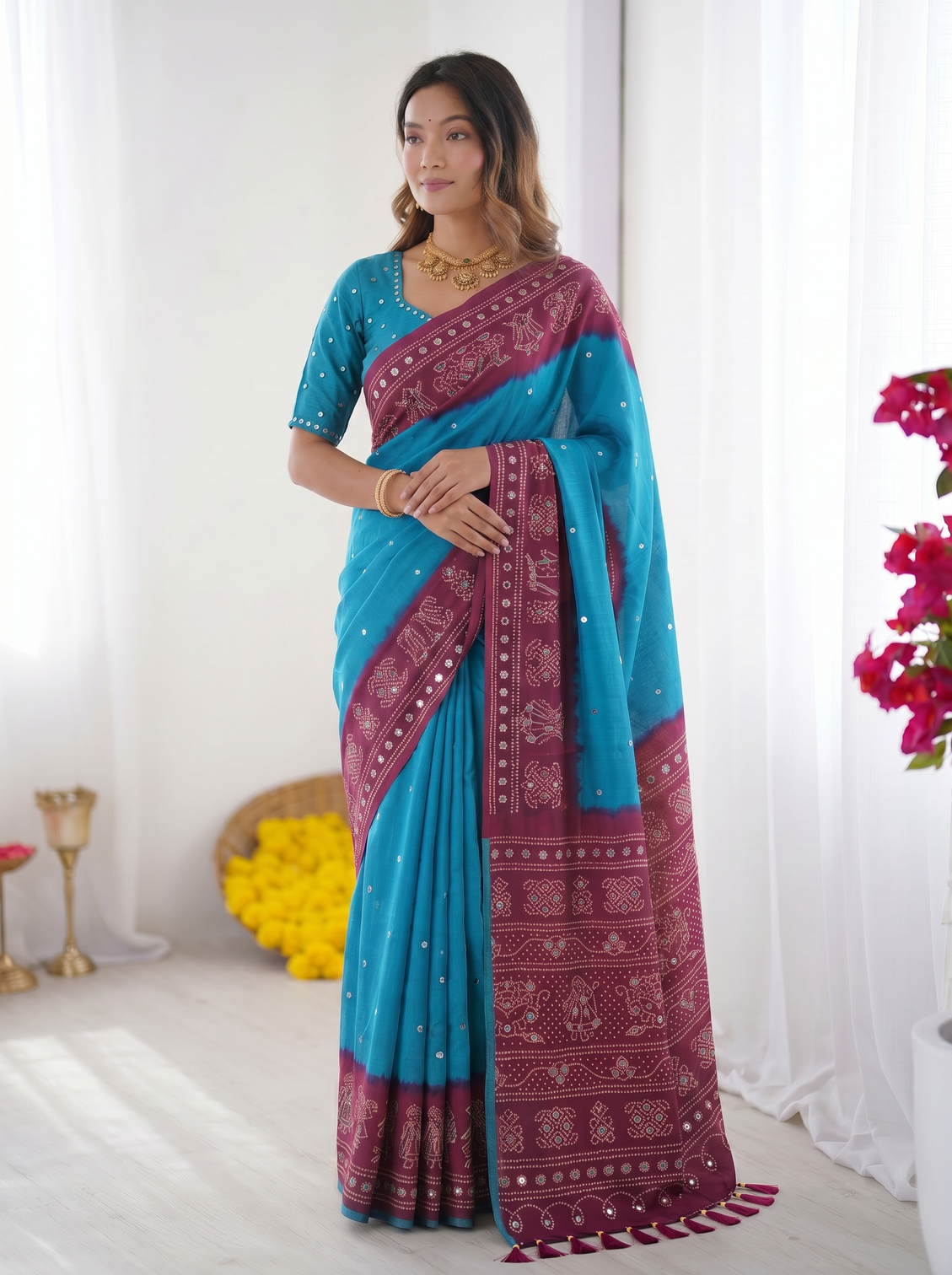 Sky blue wine purple bandhani printed cotton silk saree with traditional folk border tassel pallu
