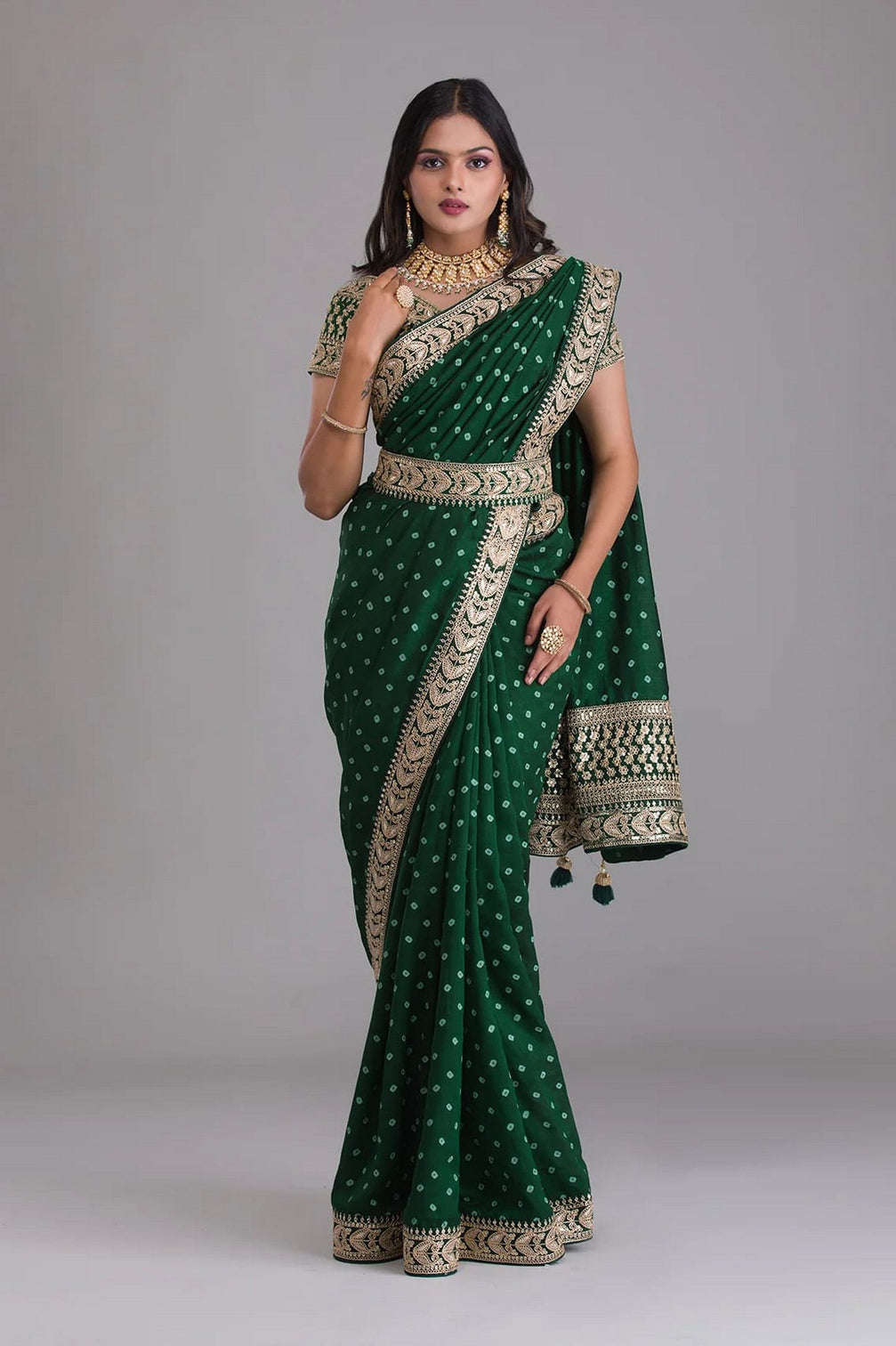 Green Indian Georgette Saree For Indian Festivals & Weddings - Sequence Embroidery Work, Dori Work