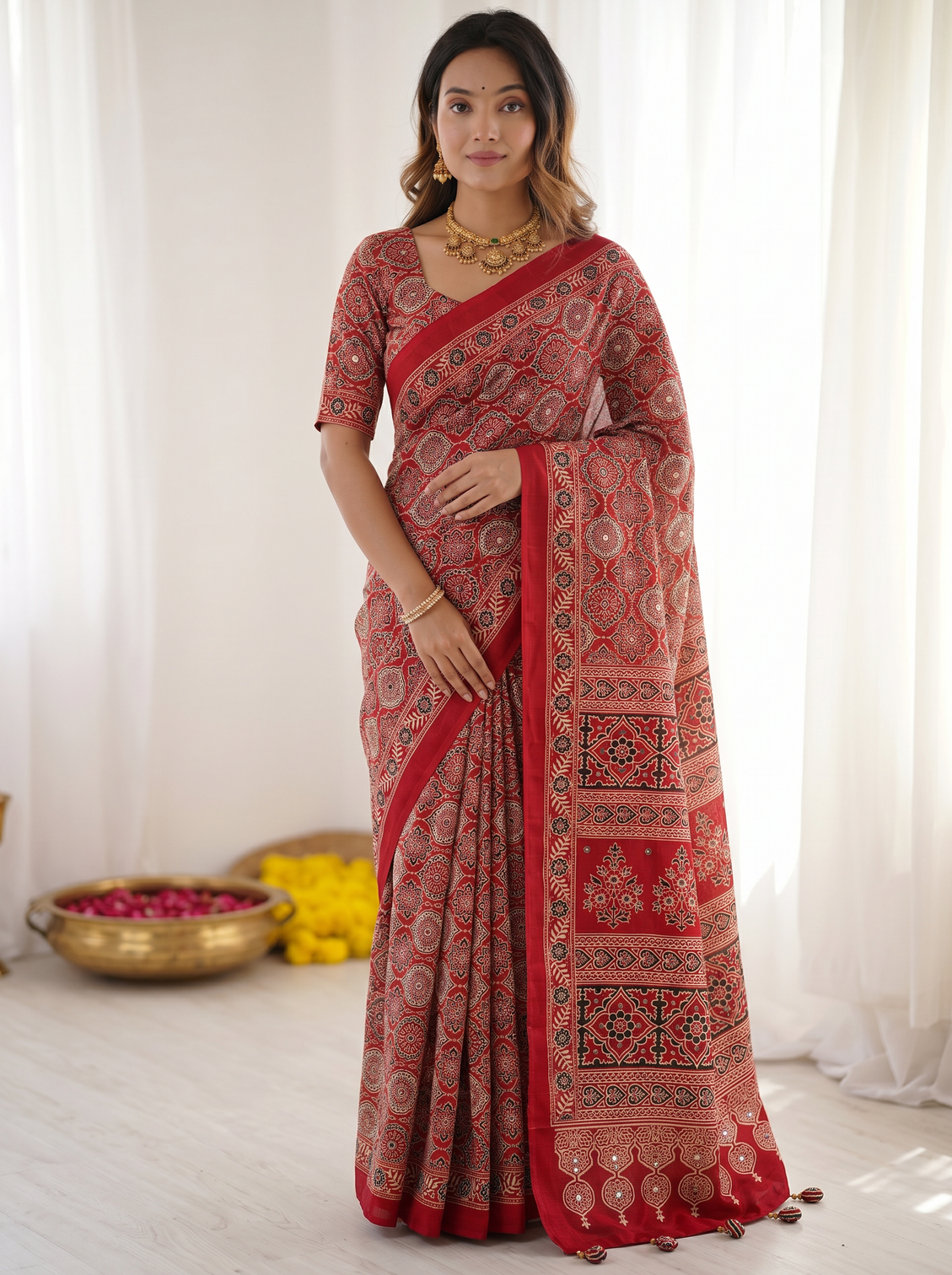 Ruby red pure modal silk saree with heritage ajrakh inspired print traditional designer pallu