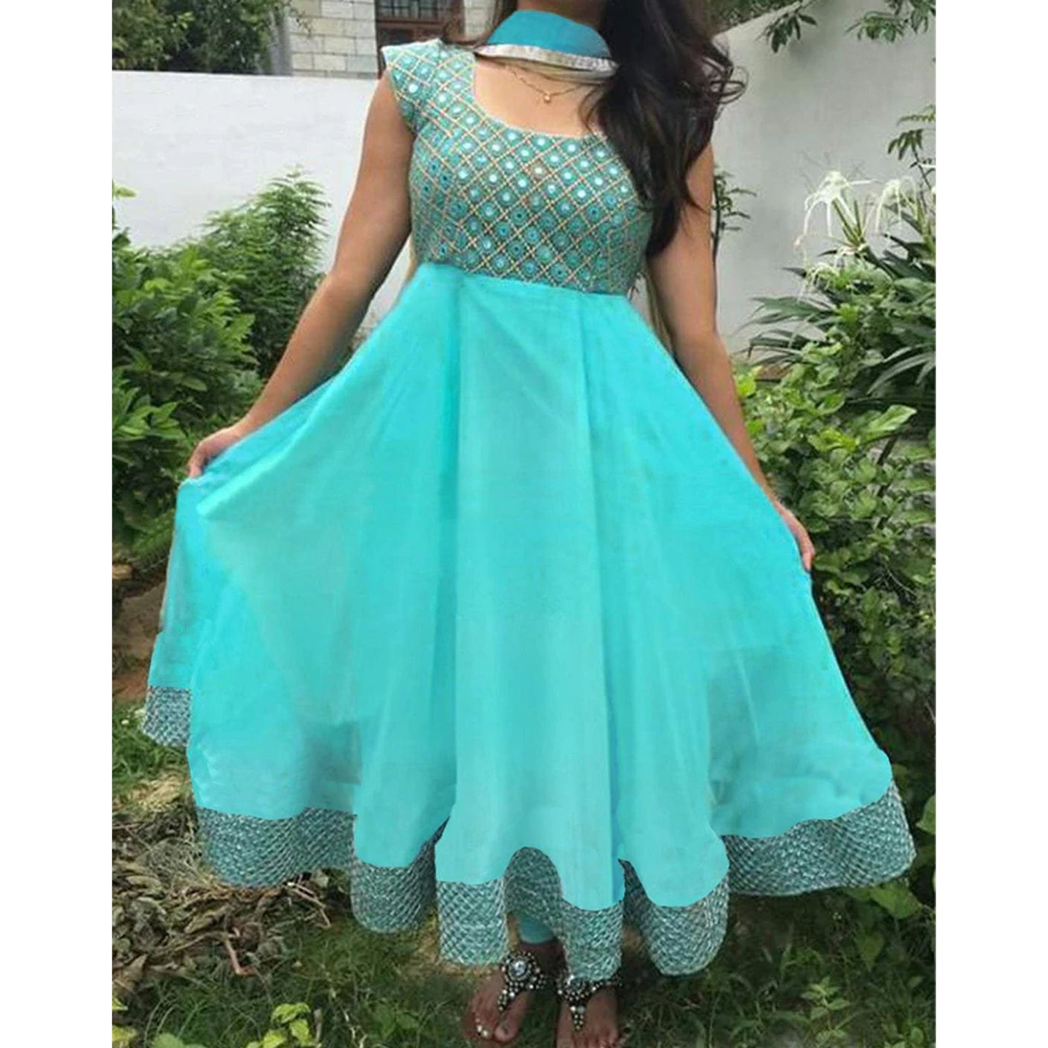 Foil Mirror Work Embroidered Turquoise Designer Dress and Dupatta