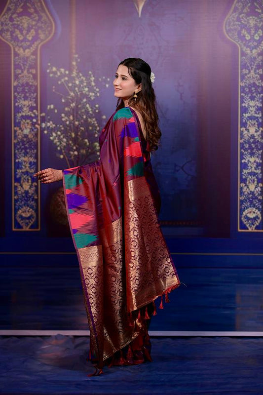 Maroon Banarasi Silk Saree with Multicolor Ikat Design & Rich Zari Woven Pallu
