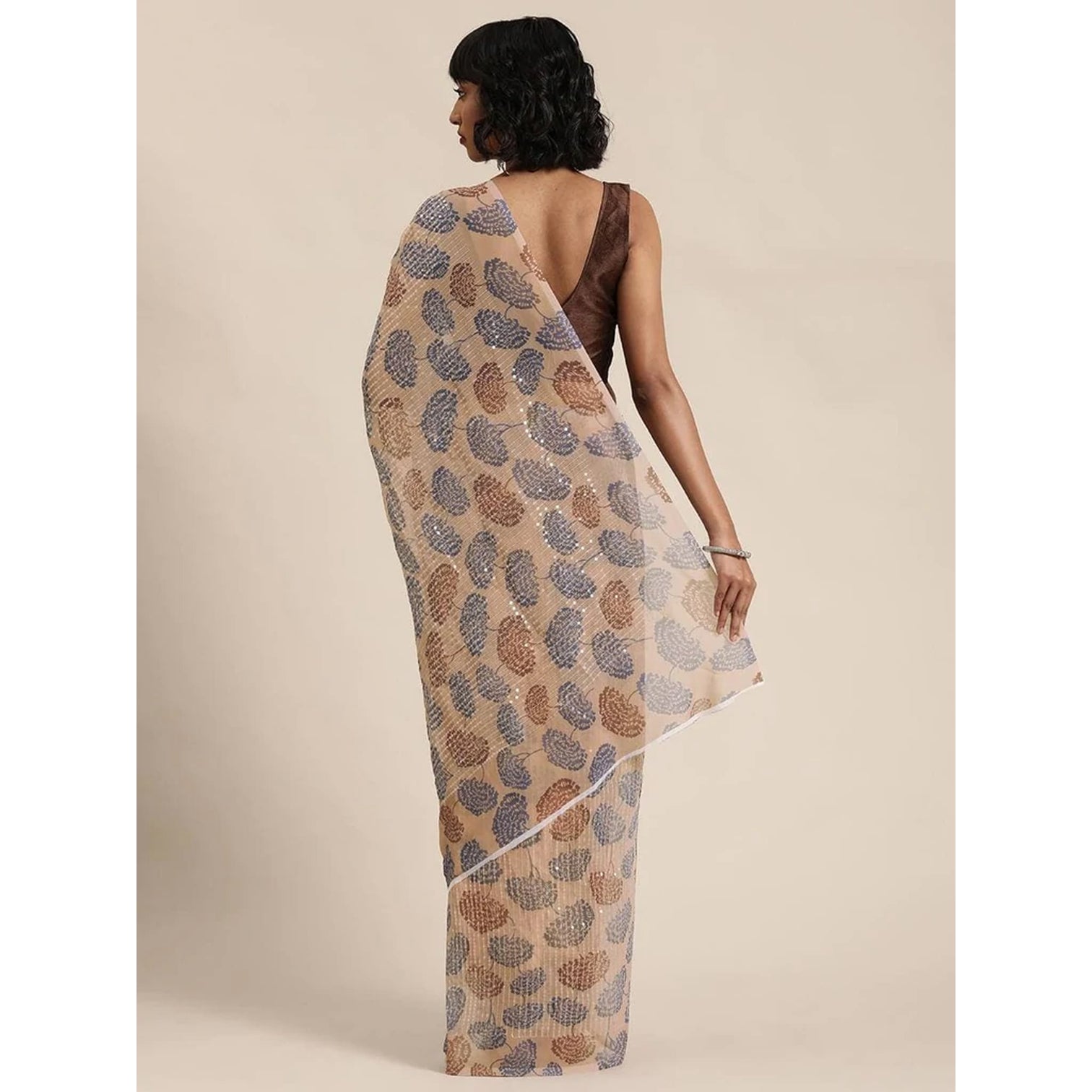 Full sequence Beige Saree with Coffee Blouse