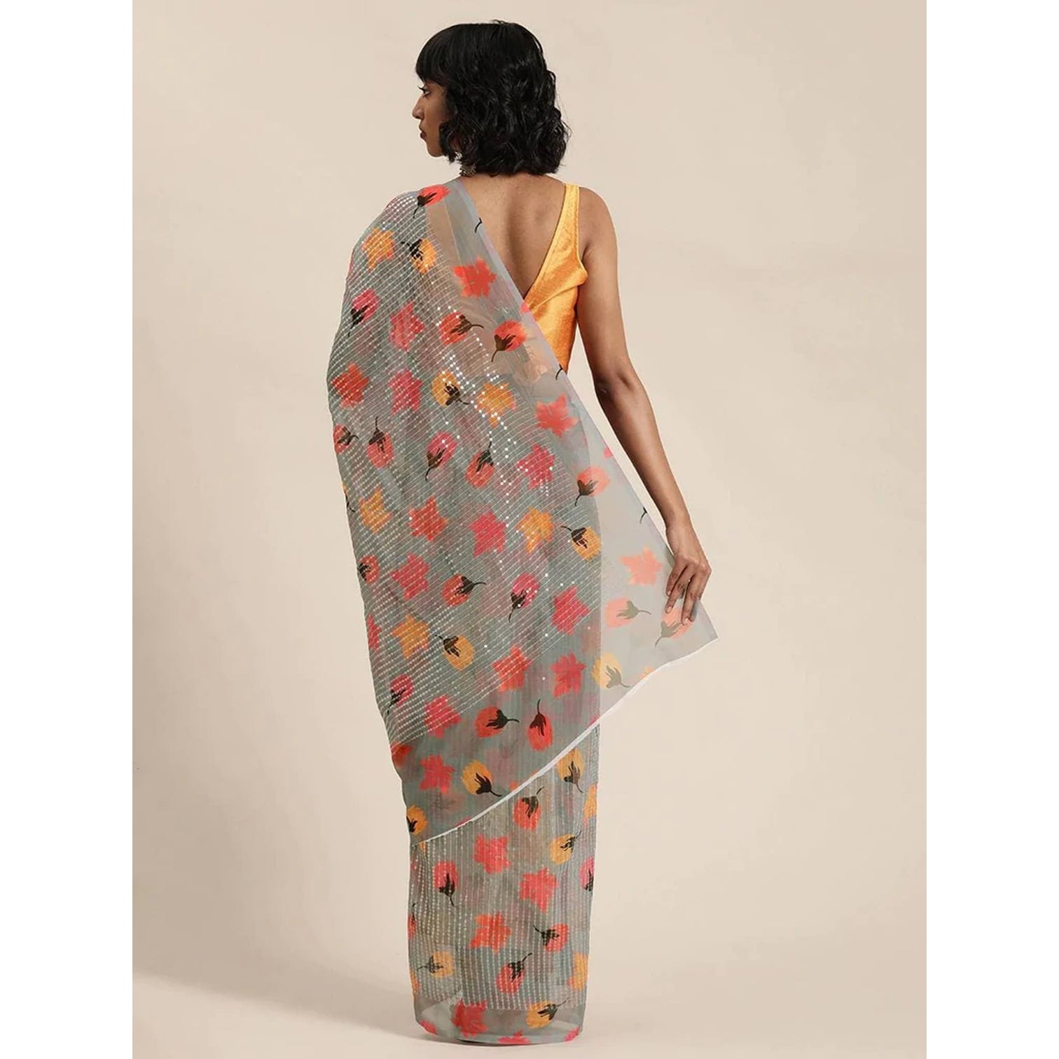 Full sequence Grey Saree with Orange Blouse