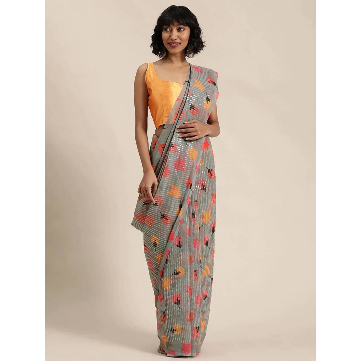 Full sequence Grey Saree with Orange Blouse