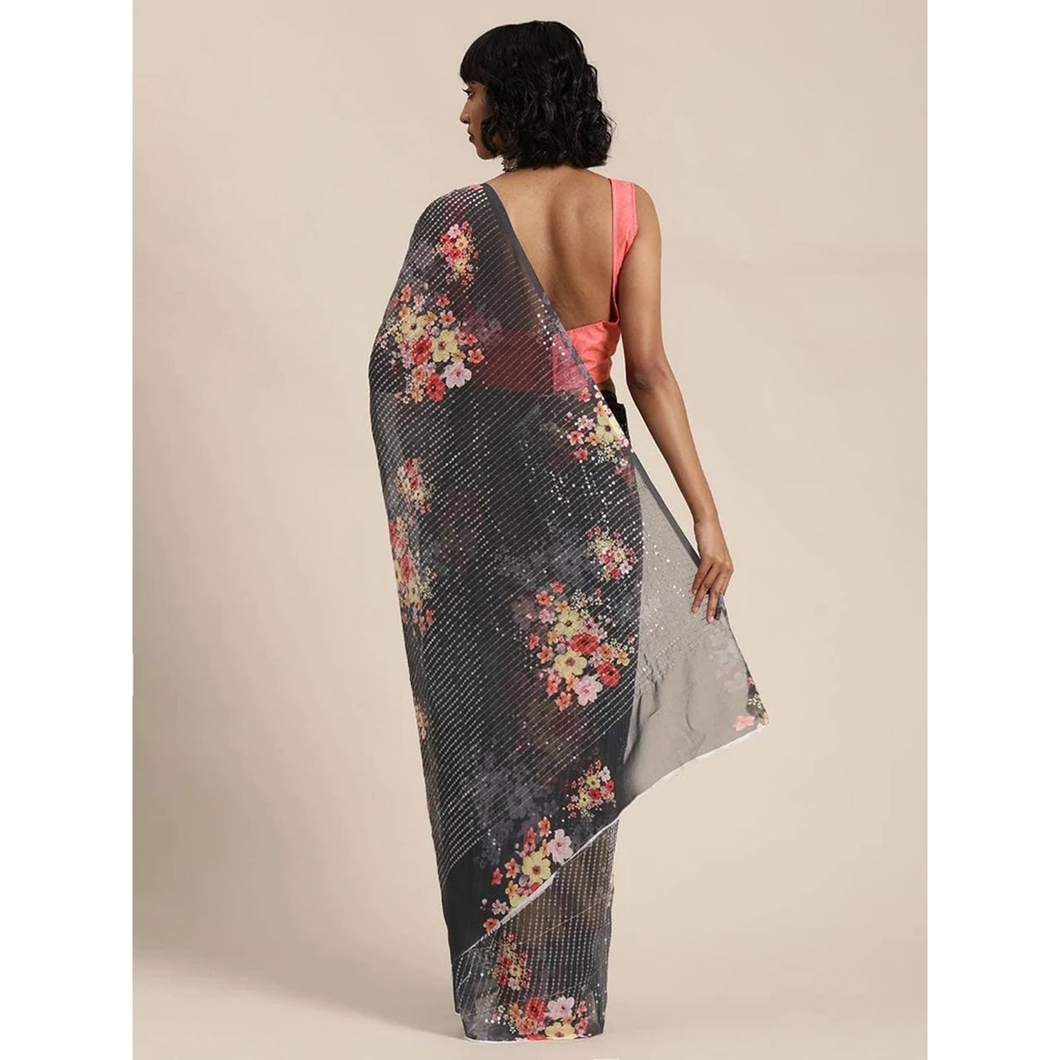 Full sequence Grey Saree with Pink Blouse