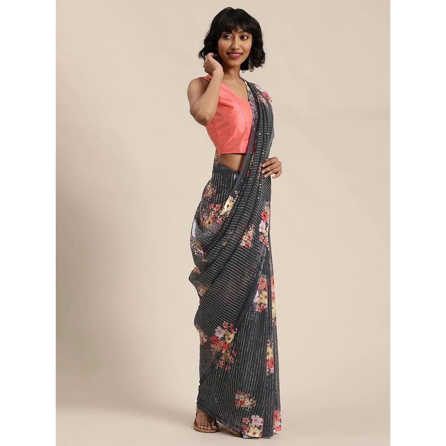 Full sequence Grey Saree with Pink Blouse