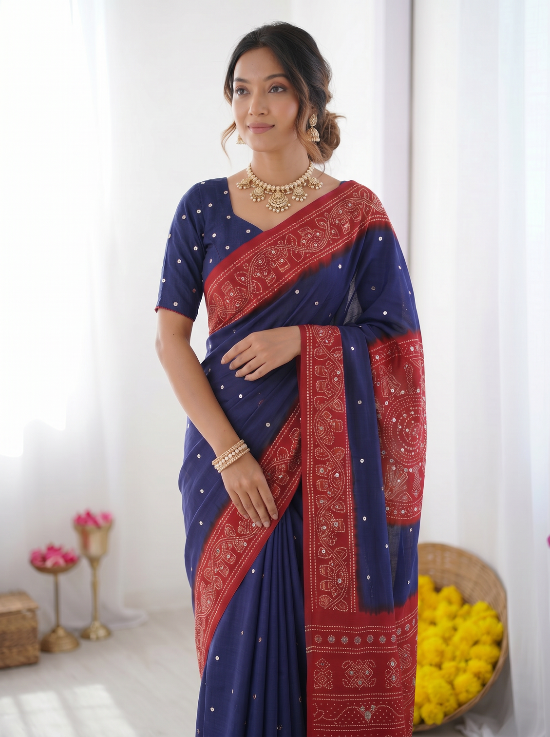Royal blue crimson red bandhani inspired modal silk saree with traditional folk art pallu stone embellishments