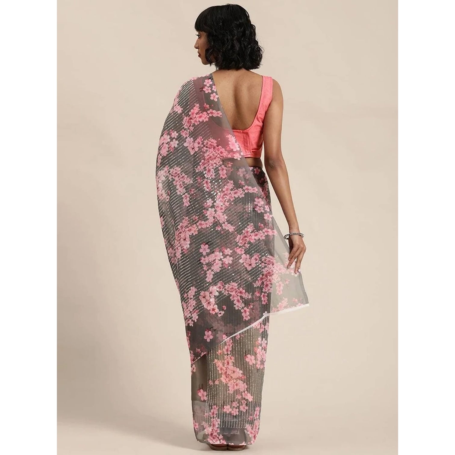 Full sequence Light Grey Designer Saree with Pink Blouse