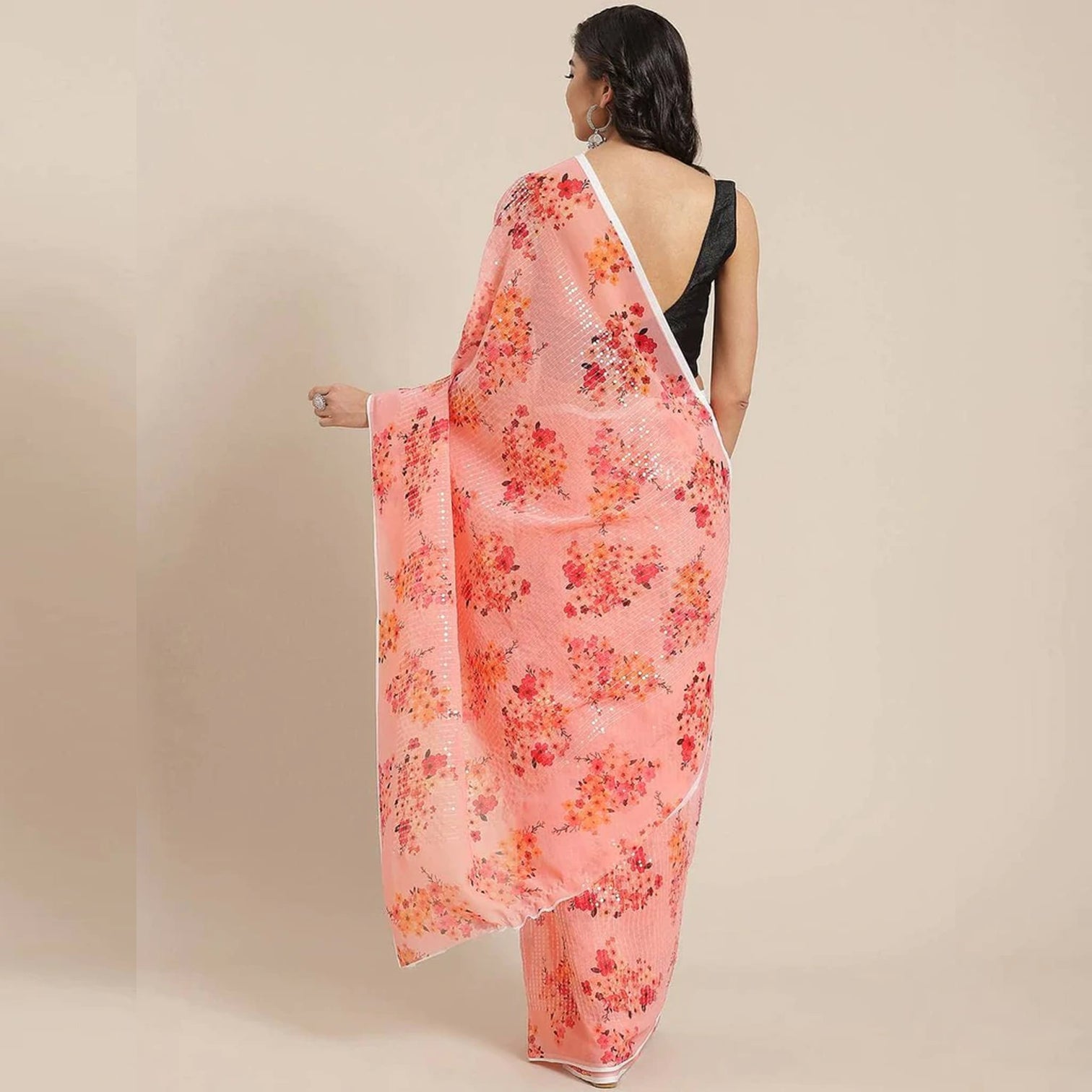 Full sequence Pink Saree with Black Blouse