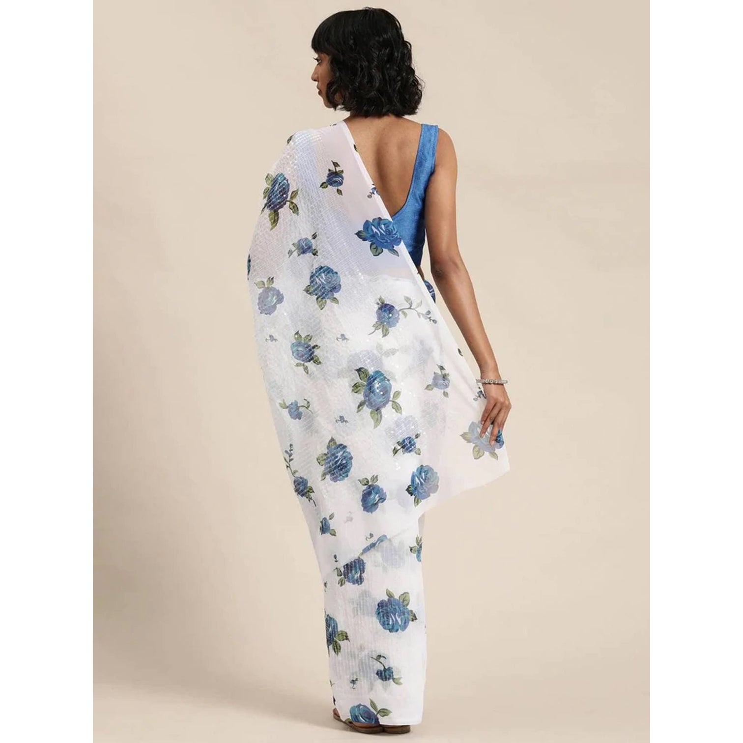 Full sequence White Saree with Blue Blouse