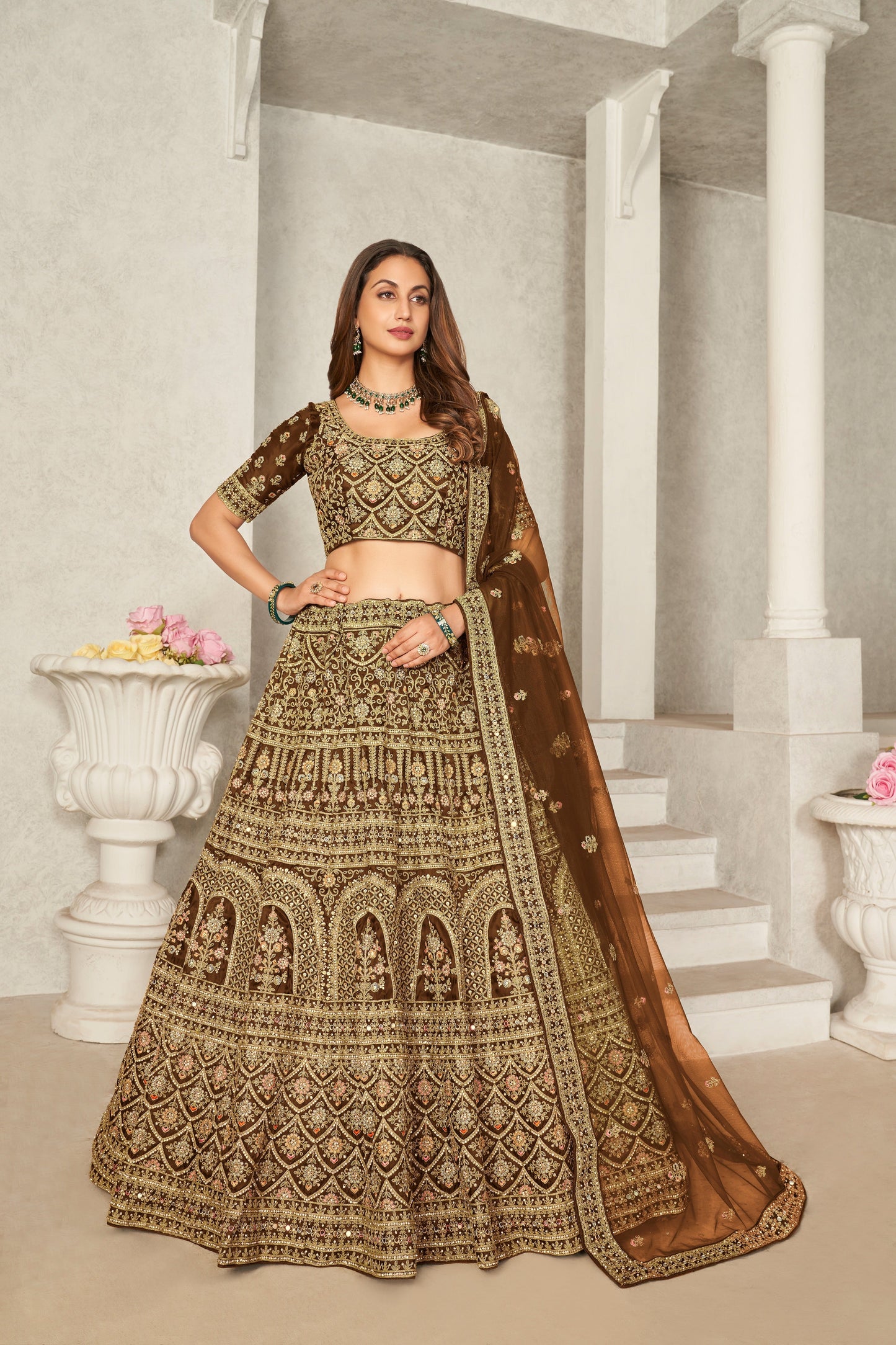 Mustard Yellow Organza Net Lehenga Choli Set - Embroidered Bridal Wear