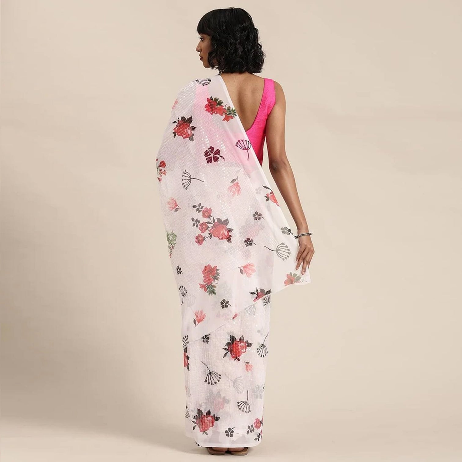 Full sequence White Saree with Pink Blouse