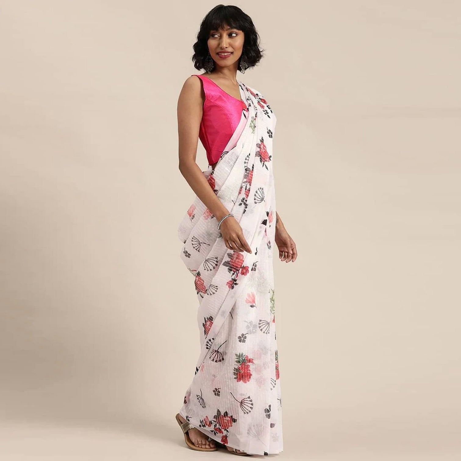 Full sequence White Saree with Pink Blouse