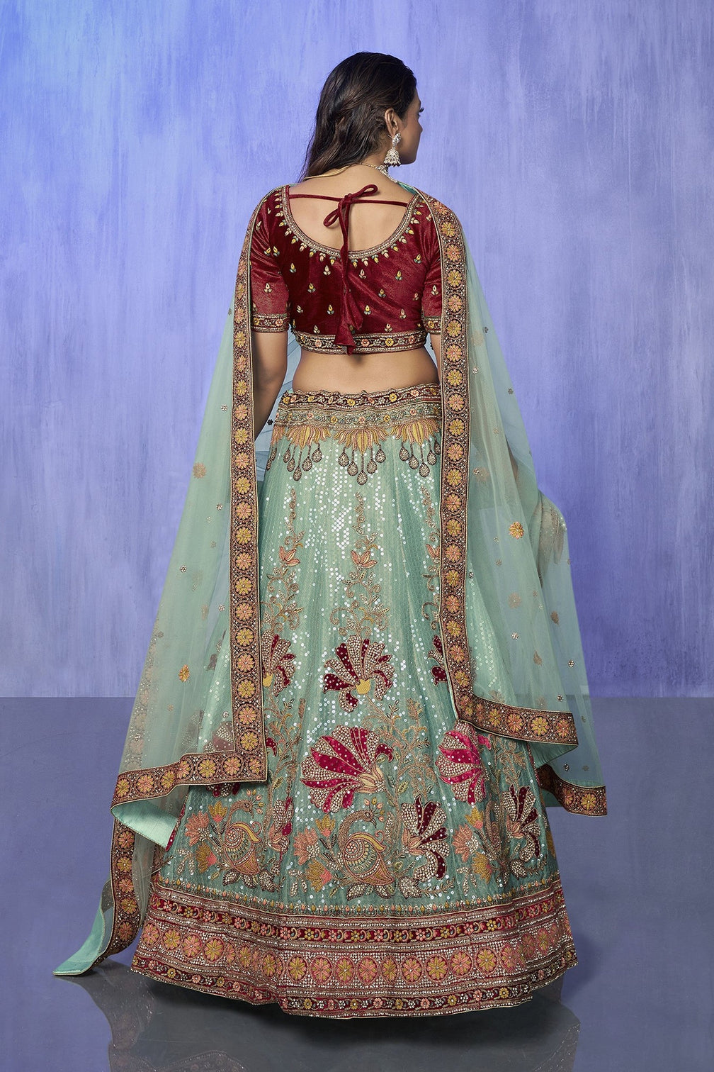 Turquoise Pakistani Velvet Lehenga Choli For Indian Festivals & Weddings