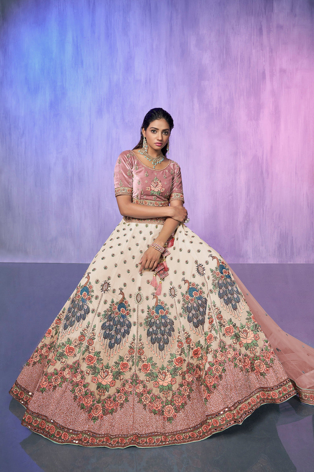 White Pakistani Velvet Lehenga Choli For Indian Festivals & Weddings