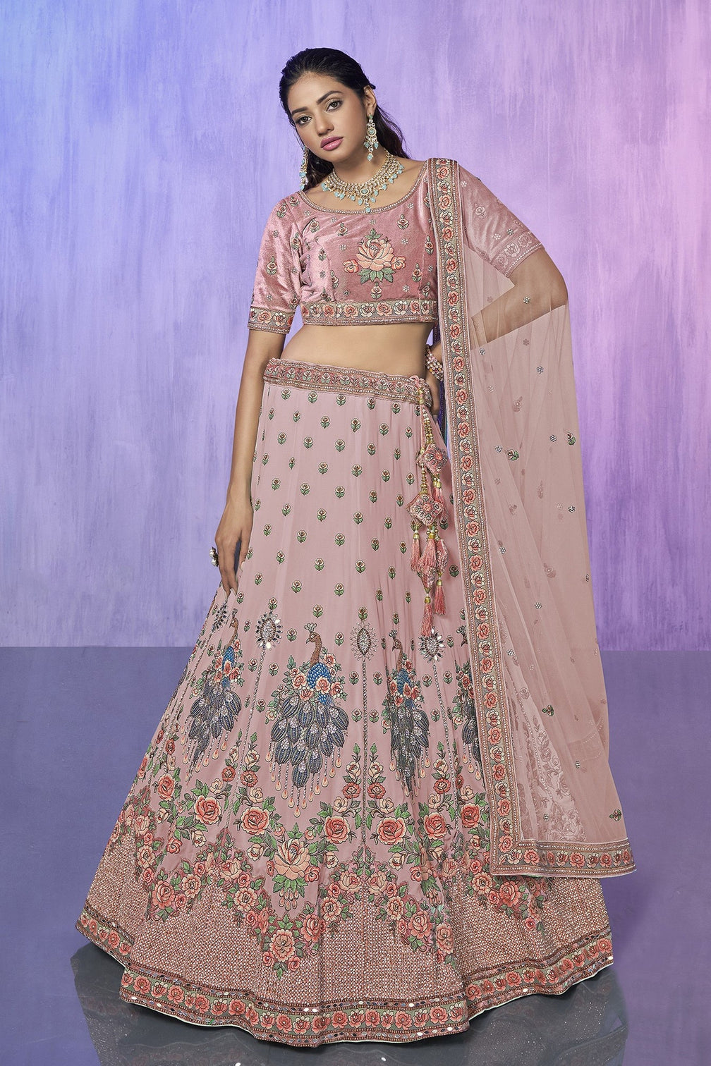 Peach Pakistani Velvet Lehenga Choli For Indian Festivals & Weddings