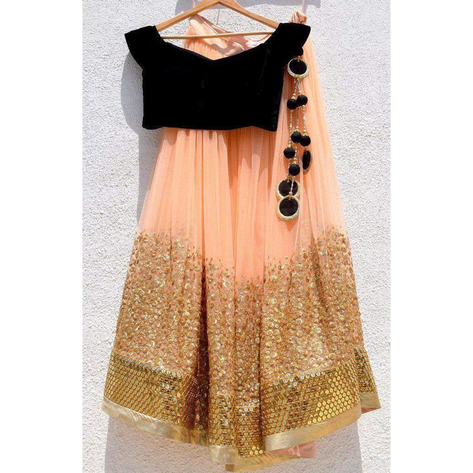 Georgette Lehenga Choli in Peach Color and Black Blouse