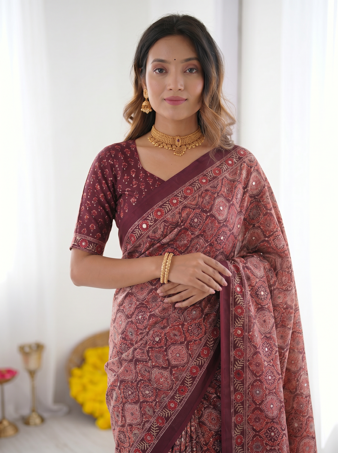 Dusty mauve modal silk saree with intricate heritage geometric prints traditional designer border rich artistic pallu
