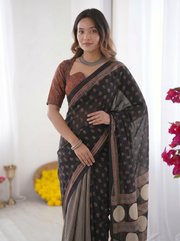 Black modal silk saree with floral butti prints striped pleats statement geometric designer pallu