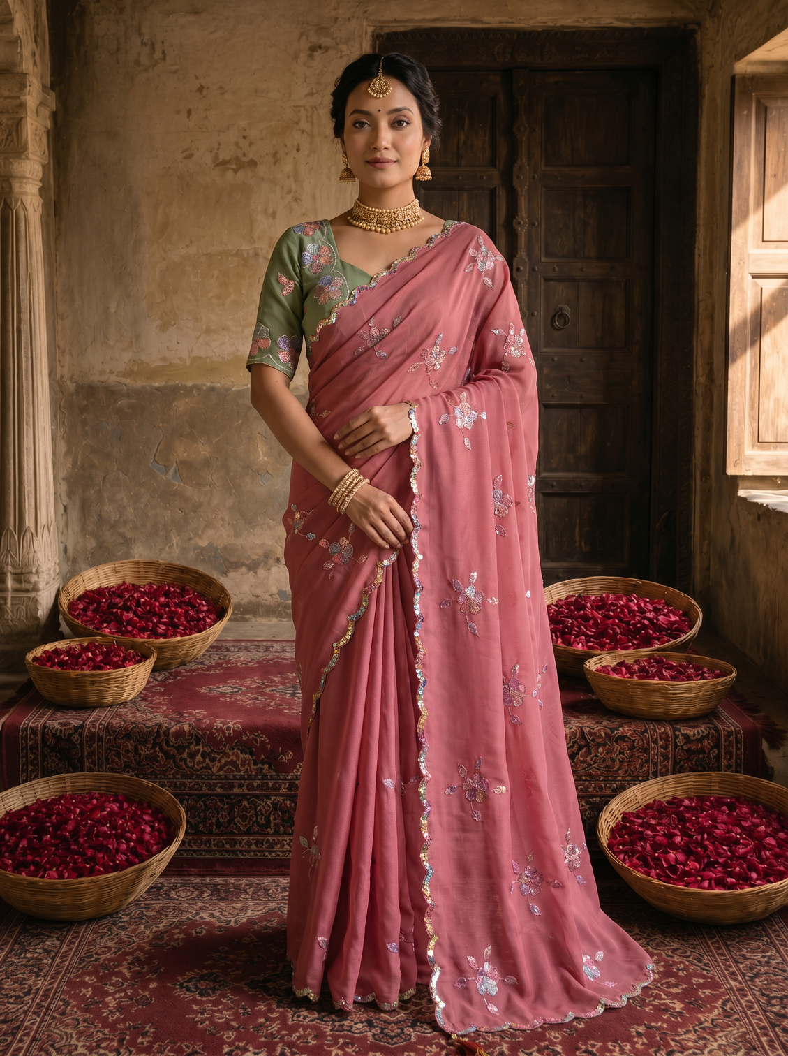 Dusty rose pink georgette embroidered saree with floral sequin work contrast designer blouse mameraa