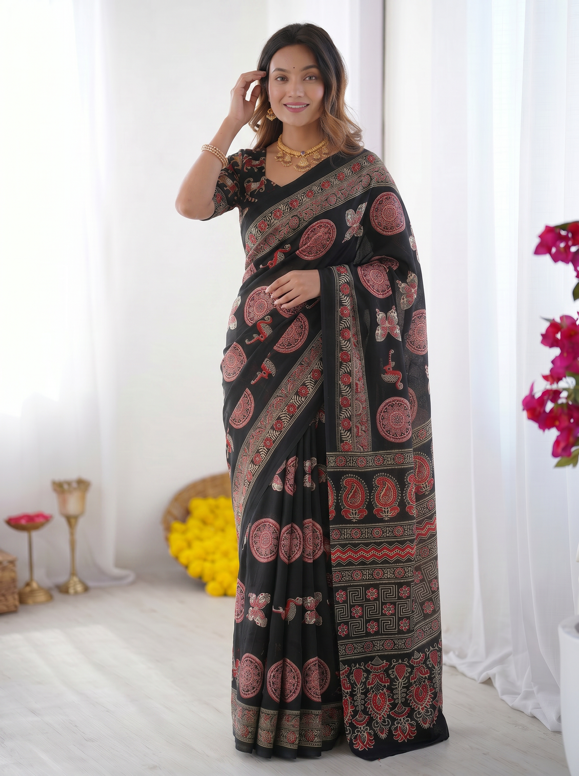 Black modal silk saree with traditional ajrakh inspired circular motif print designer pallu festive ethnic wear saree