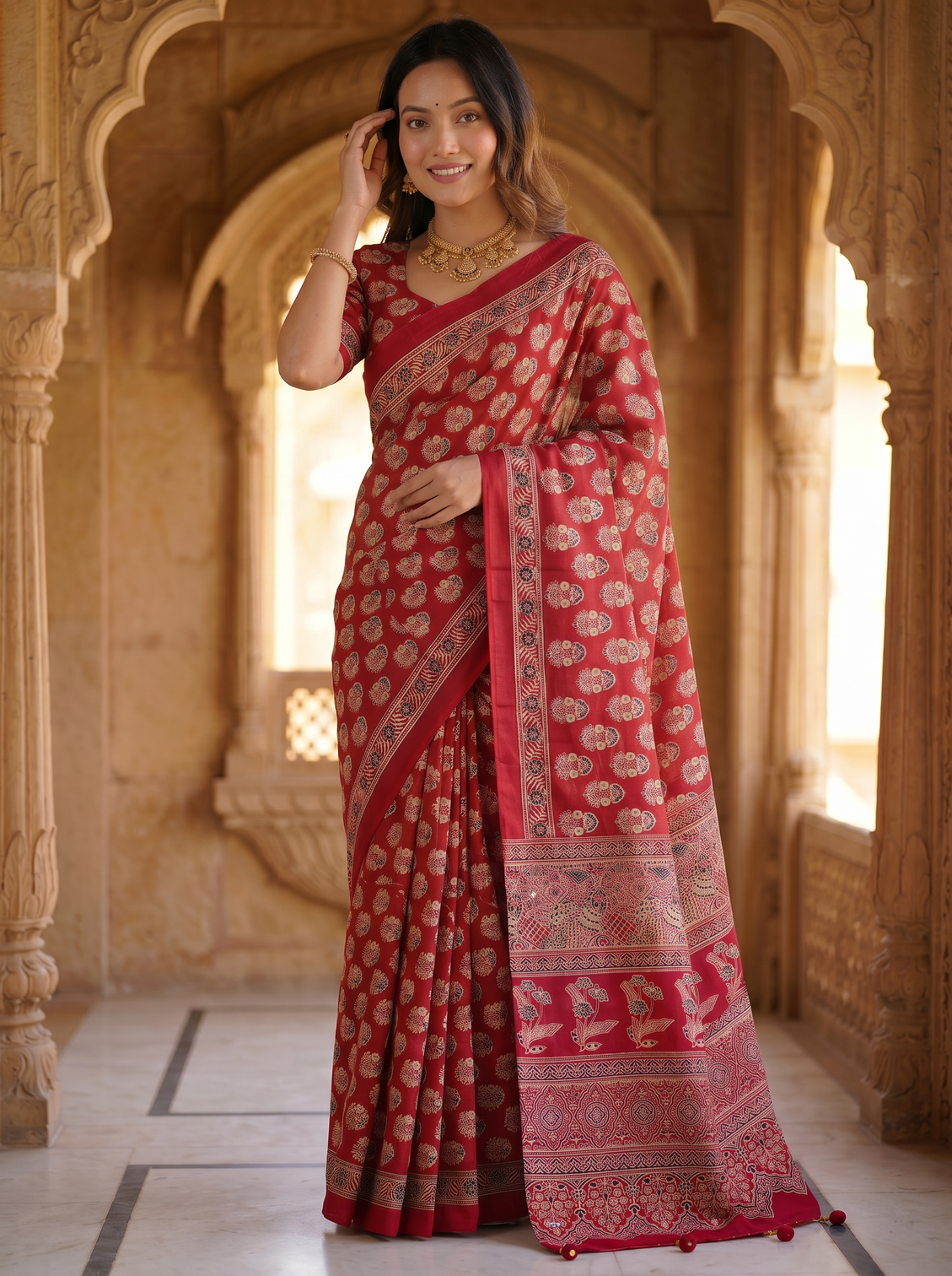 Royal crimson red pure modal silk saree with heritage floral buti print traditional designer pallu mameraa