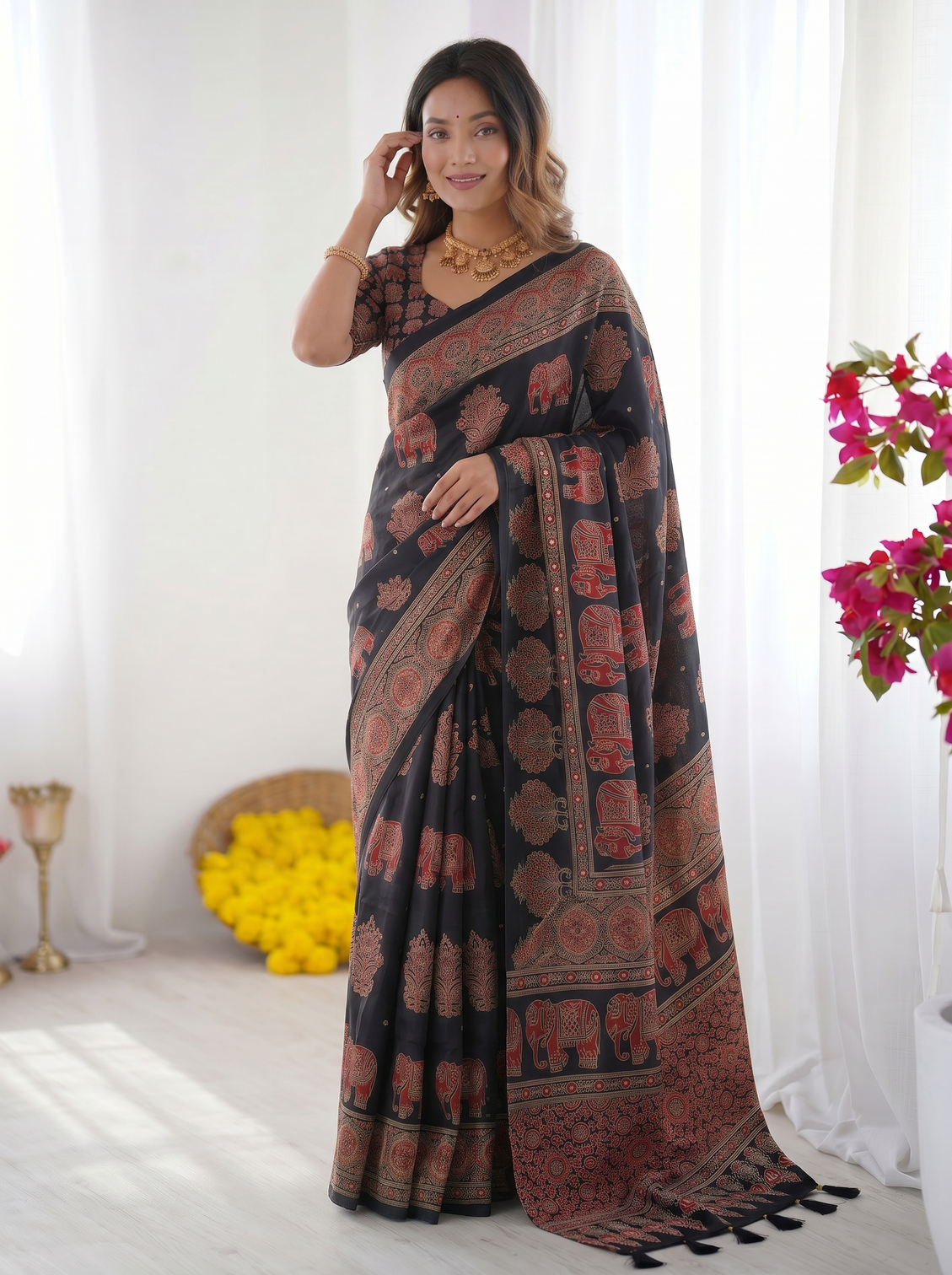 Black modal silk saree with elephant motif ajrakh print heritage designer pallu traditional festive wear saree