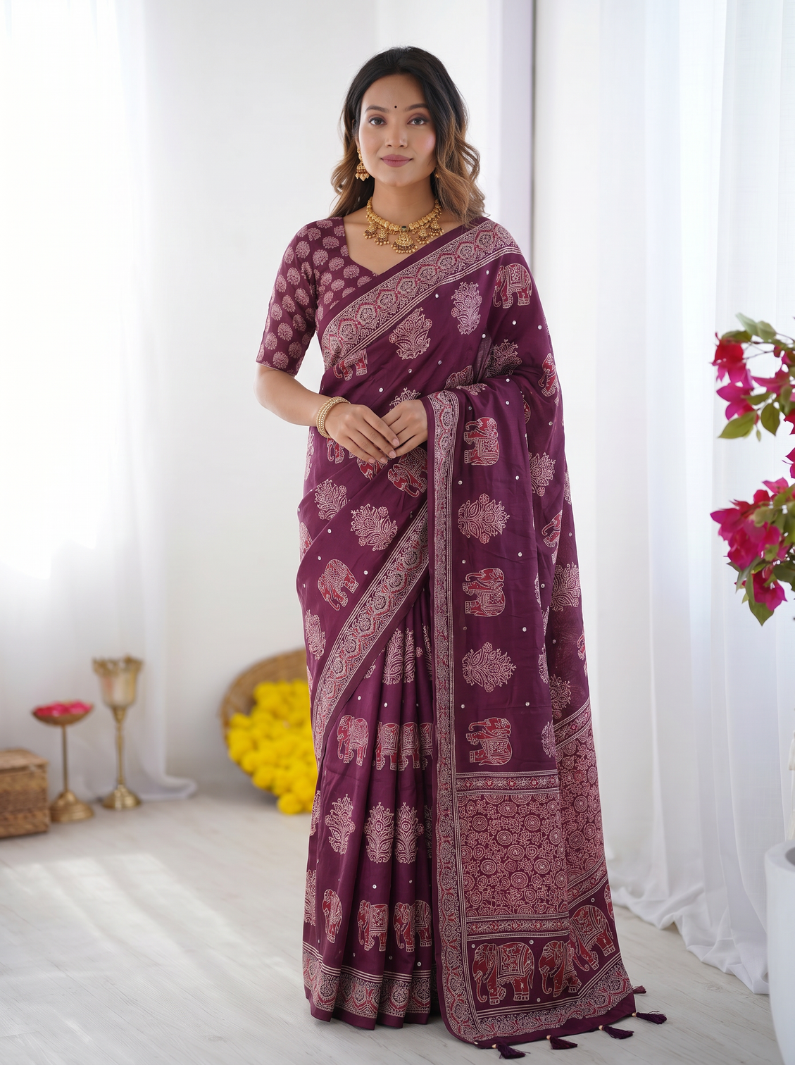 Plum purple modal silk saree with elephant motif print heritage designer pallu traditional festive wear saree mameraa